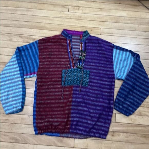 Boho Surfer Beach Sweater Adult L Tribal Beach Knit Aqua ColorBlock Pullover M/L - Picture 11 of 16